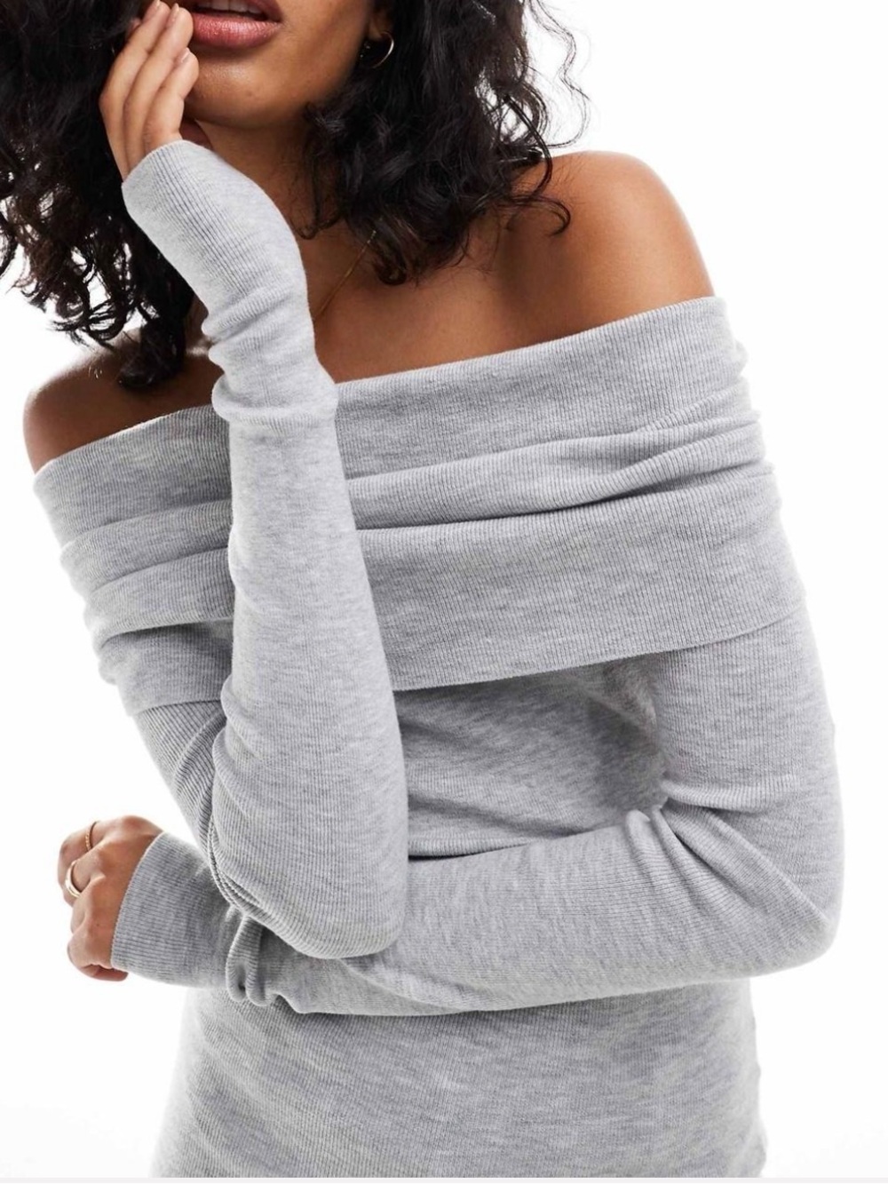 Berksha Off-Shoulder Long Sleeve Knit Sweater - Light Gray